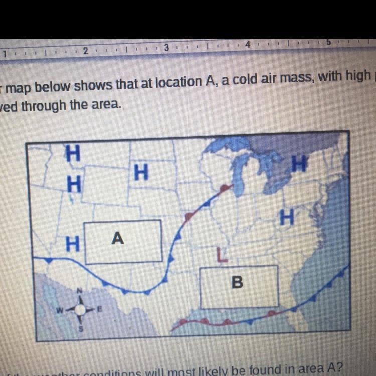 4. Which of the weather conditions will most likely be found in area A? A. Cool; thunderstorms-example-1