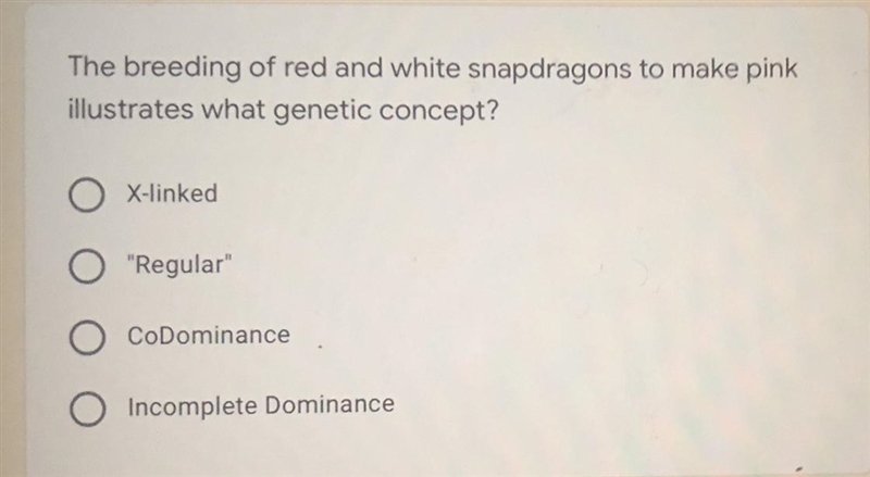 The breading of red and white snapdragons to make pink illustrates what genetic concepts-example-1