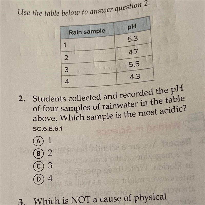 2. Students collected and recorded the pH above. Which sample is the most acidic? of-example-1