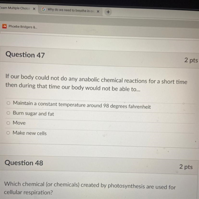 Question 47 2 pts If our body could not do any anabolic chemical reactions for a short-example-1