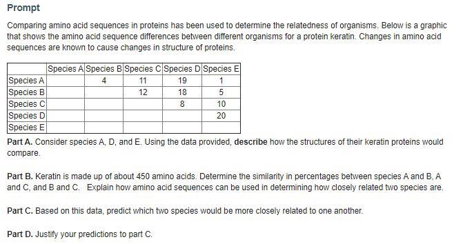 Prompt Comparing amino acid sequences in proteins has been used to determine the relatedness-example-1