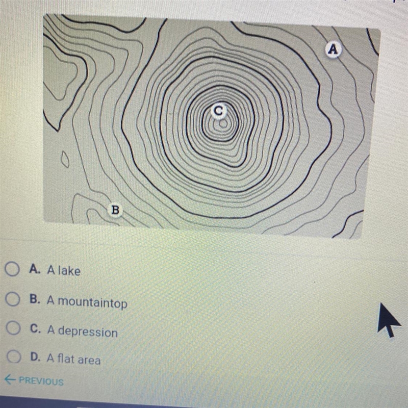 What kind of land feature is shown at point on this topographic map? A B O A. A lake-example-1