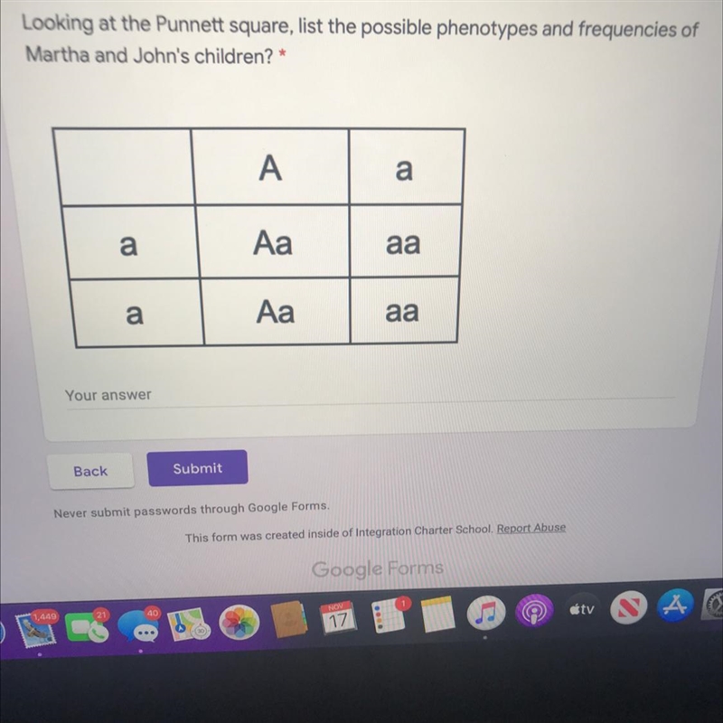 Looking at the Punnett square, list the possible phenotypes and frequencies of Martha-example-1