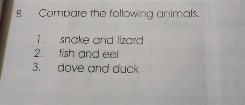 B. Compare the following animals. 1. snake and lizard 2. fish and eel 3. dove and-example-1