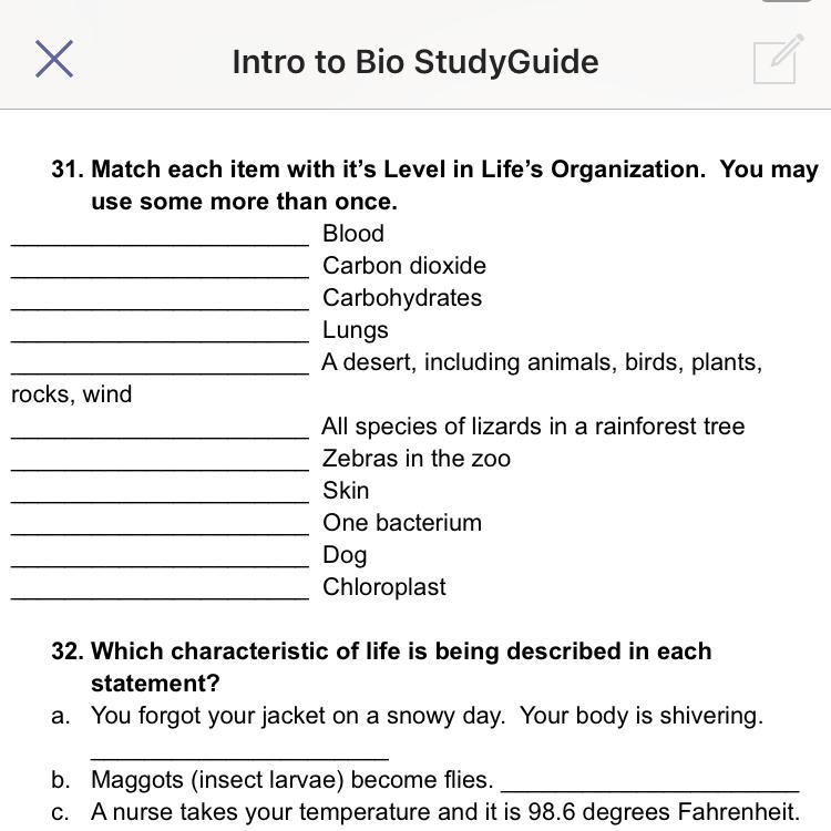 Ca 31.Match each item with It's Level In Life's Organization. You may use some more-example-1