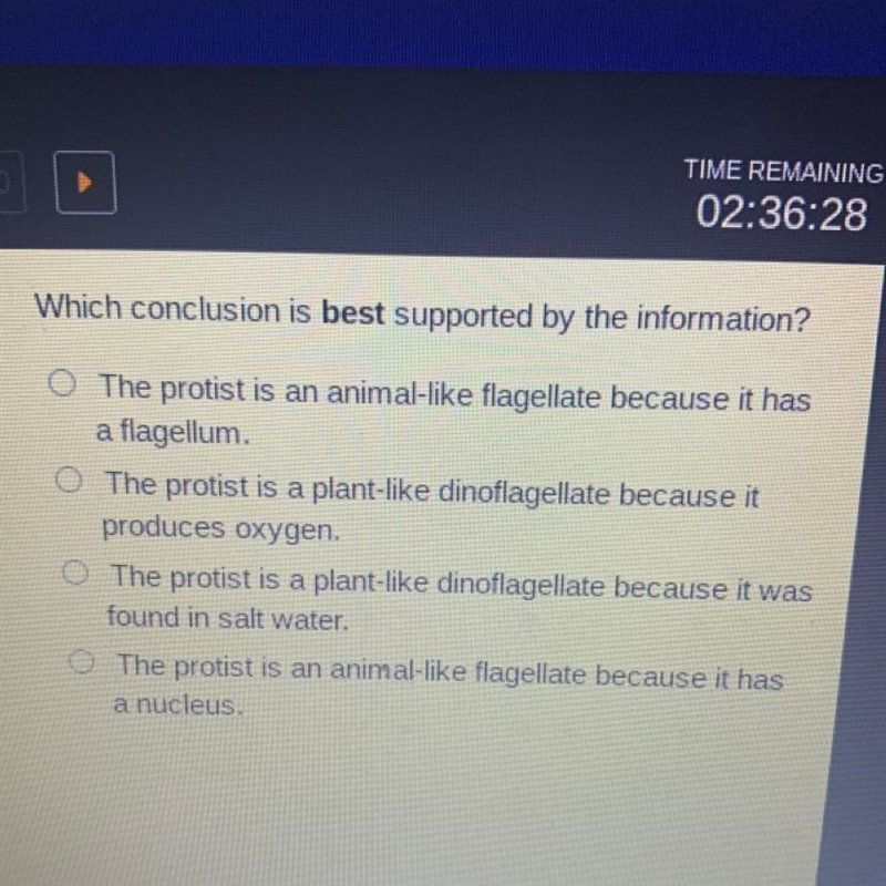 Which conclusion is best supported by the information? A. The protist is an animal-example-1