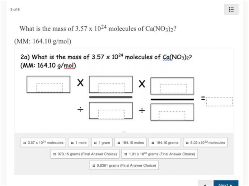 What is the mass of 3.57 x 10^24 molecules of Ca(No3)2 ?-example-1