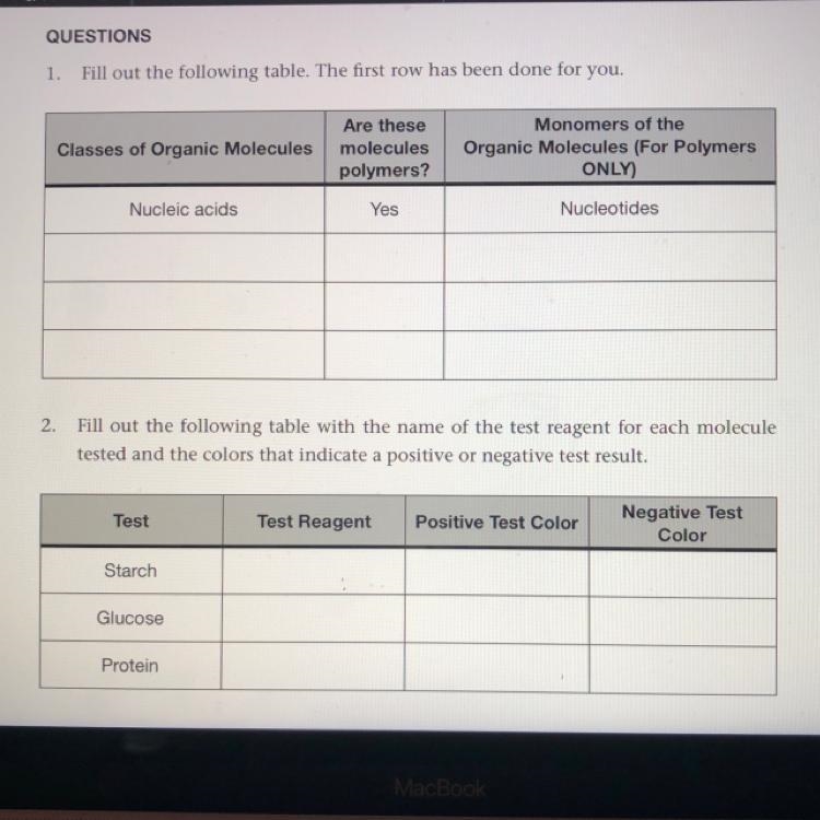 QUESTIONS 1. Fill out the following table. The first row has been done for you. Classes-example-1