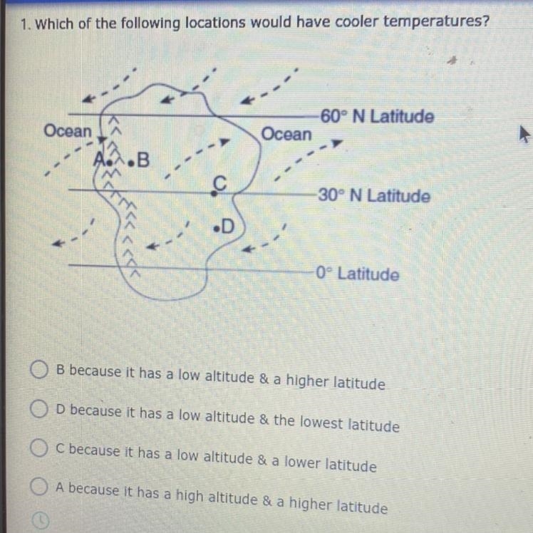 PLEASE HELP 1. Which of the following locations would have cooler temperatures? Ocean-example-1