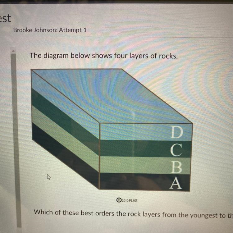 Which of these best orders the rock layers from the youngest to the oldest? (1 point-example-1