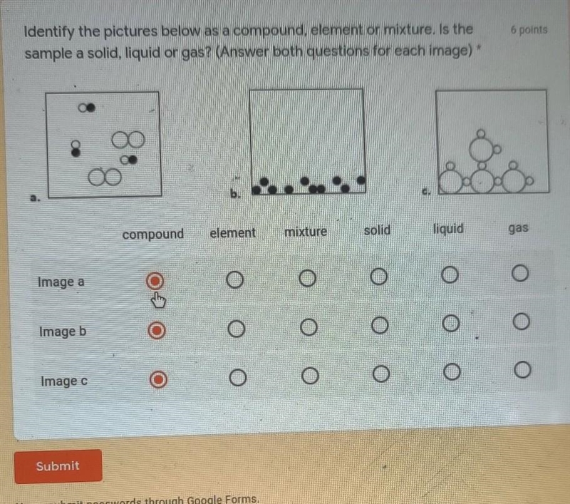 Identify the pictures below as a compound, element or mixture. Is the sample a solid-example-1