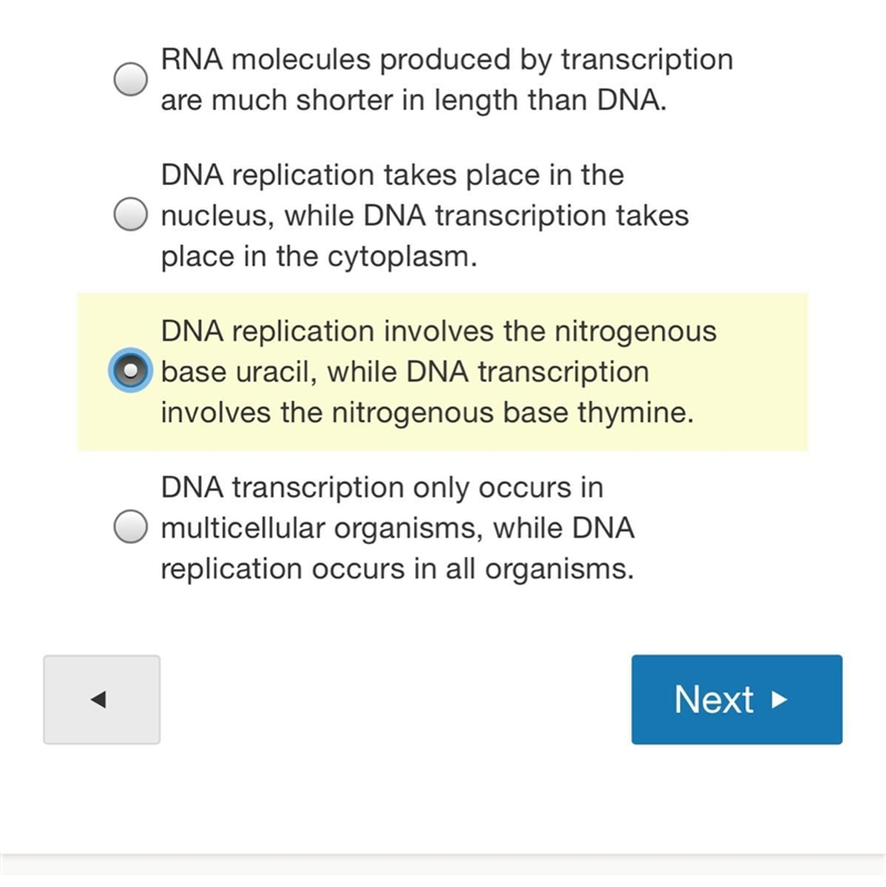 What is a major difference between DNA replication and DNA transcription?-example-1