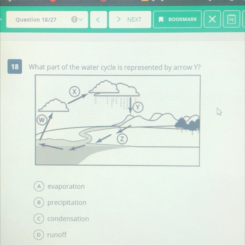 18 What part of the water cycle is represented by arrow Y? w (z A evaporation B precipitation-example-1