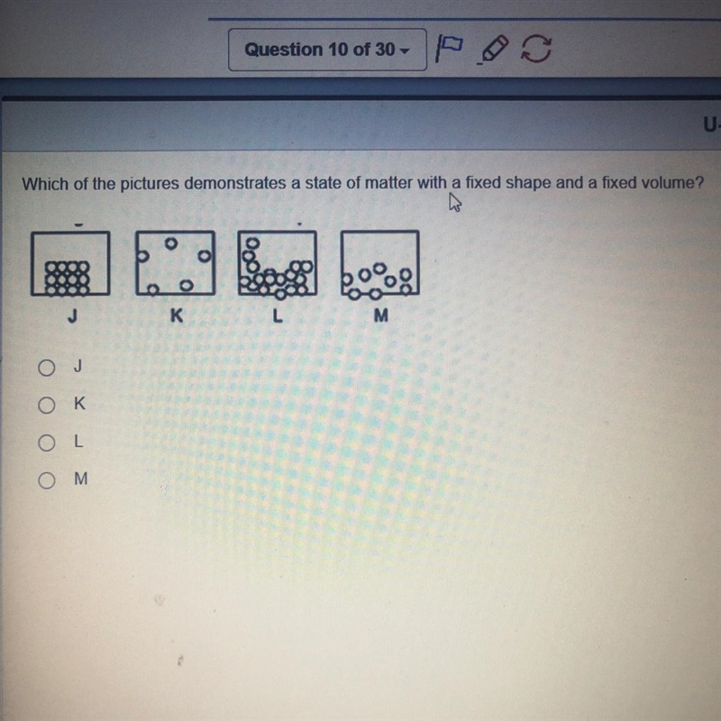 Which of the pictures demonstrates a state of matter with a fixed shape and a fixed-example-1