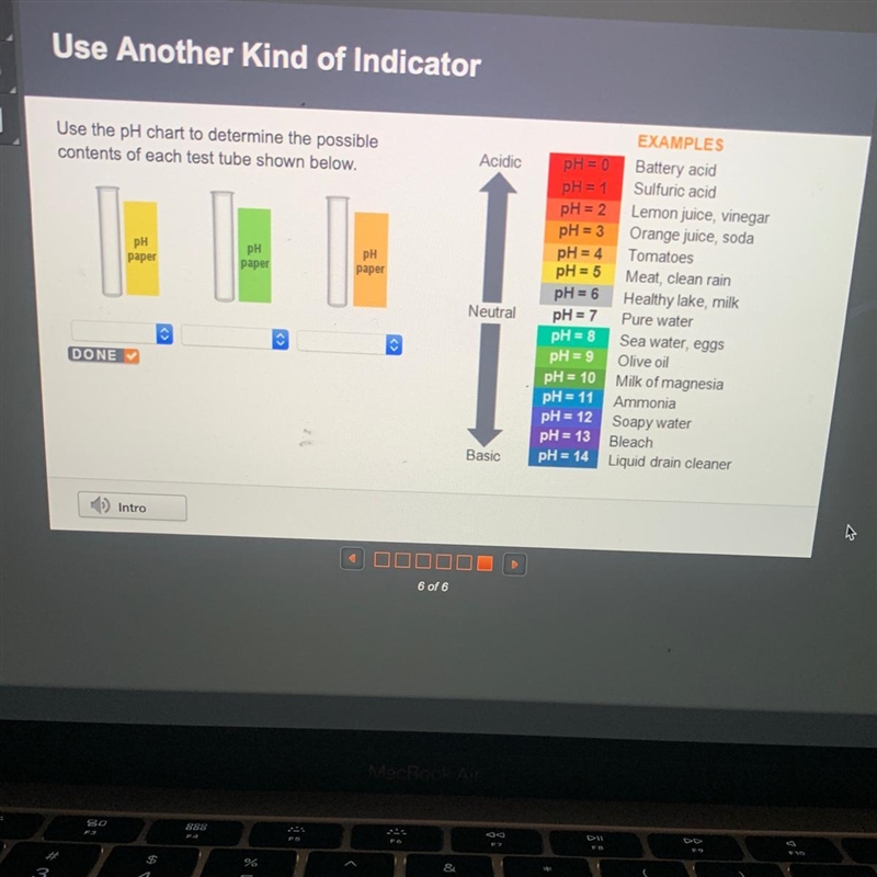 Use the pH chart to determine the possible contents of each test tube shown below-example-1