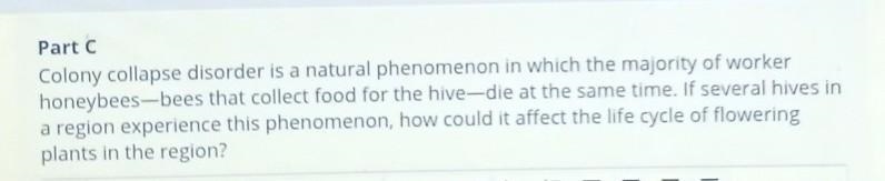 PLZ HELP!!!!!!!!!!! Part C Colony collapse disorder is a natural phenomenon in which-example-1