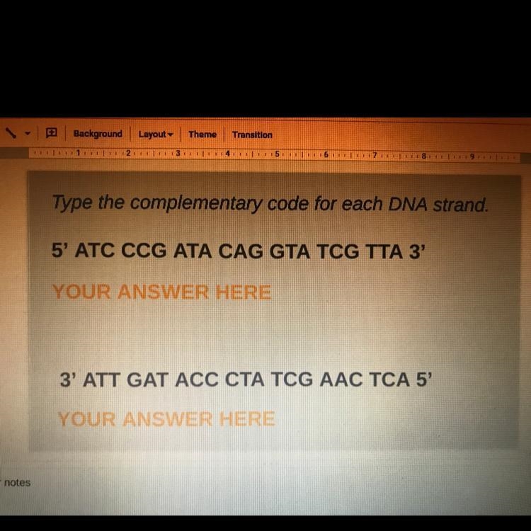 Type the complementary code for each DNA strand: 5' ATC CCG ATA CAG GTA TCG TTA 3' and-example-1