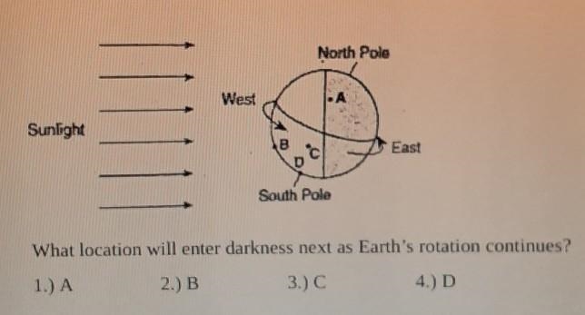 What location will enter darkness next as Earth's rotation continues ?​-example-1