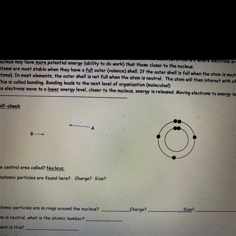 What 2 subatomic particles are found here? Charge? Size? What subatomic particles-example-1