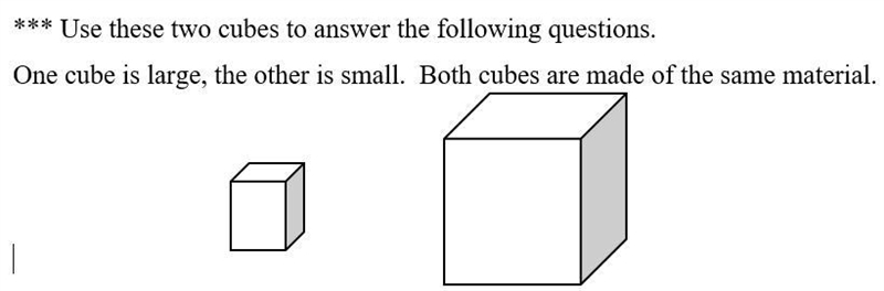 Using the cubes above, which of these statements is true? A. The large cube has more-example-1