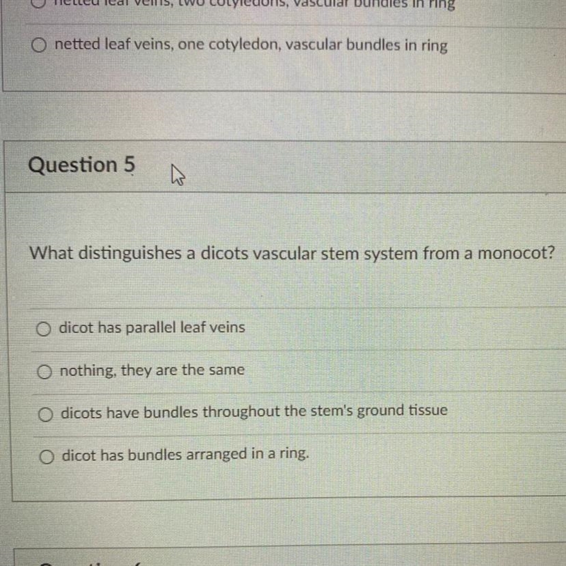 What distinguishes a dicots vascular stem system from a monocot?-example-1