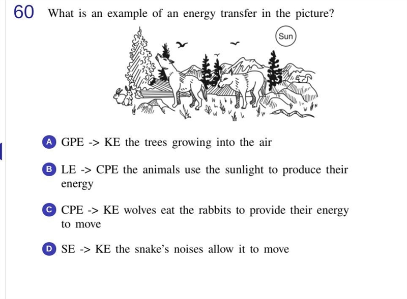 PLEASEEE HELPPP!! what is an example of an energy transfer in the picture?-example-1