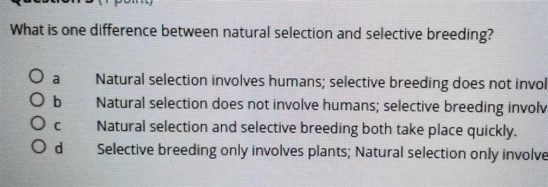 What is one difference between natural selection and selective breeding? Natural selection-example-1