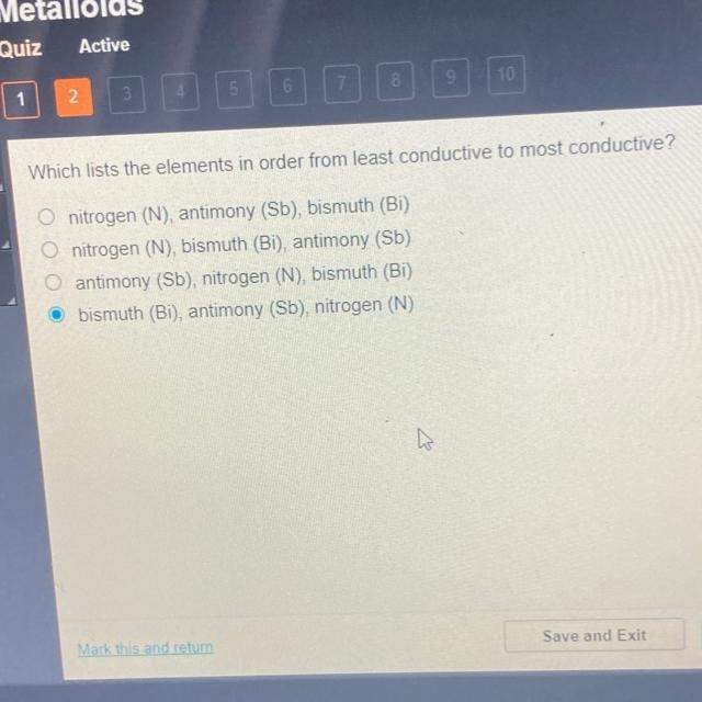 Which lists the elements in order from least conductive to most conductive?-example-1