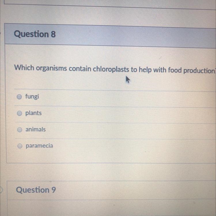 Which organisms contain chloroplasts to help with food production?-example-1