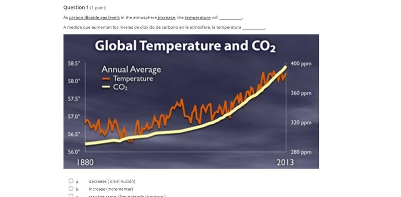 As carbon dioxide gas levels in the atmosphere increase, the temperature will 1. decrease-example-1