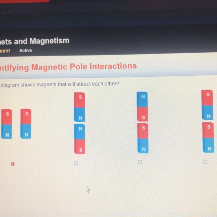 Which diagram shows magnets that will attract each other?-example-1