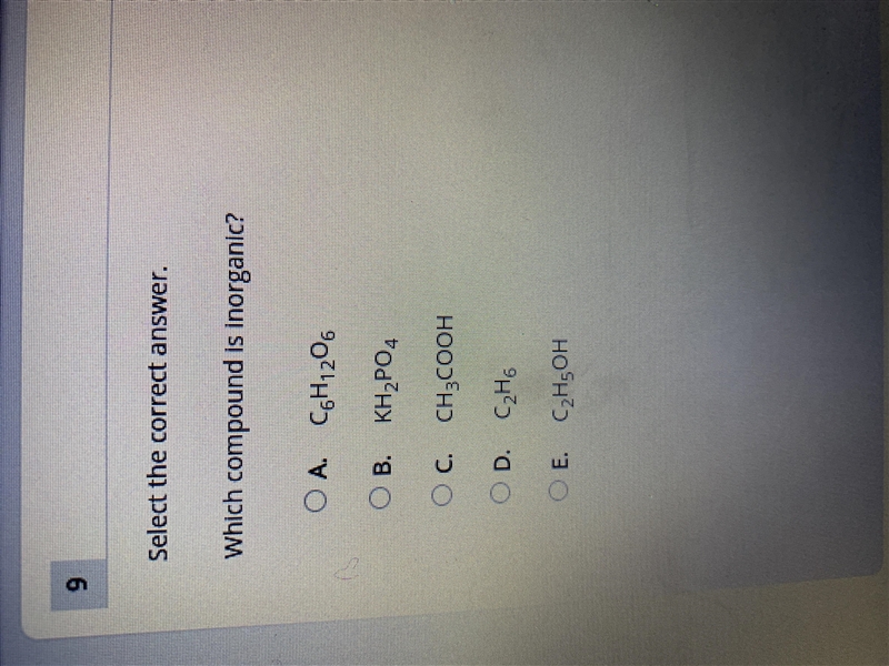 Select the correct answer. Which compound is inorganic?-example-1