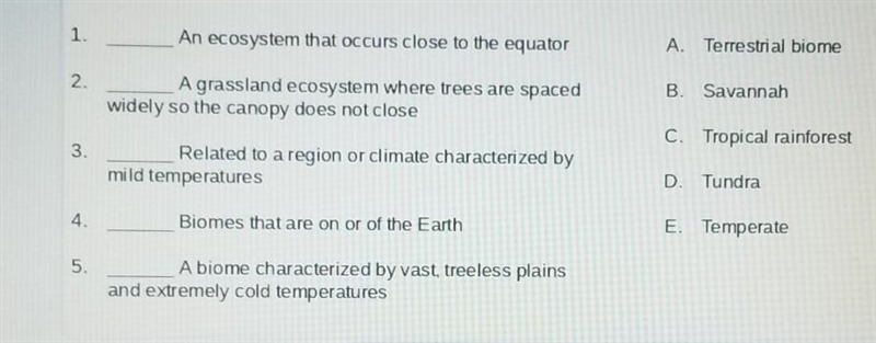 An ecosystem that occurs close to the equator A. Terrestrial biome B. Savannah A grassland-example-1