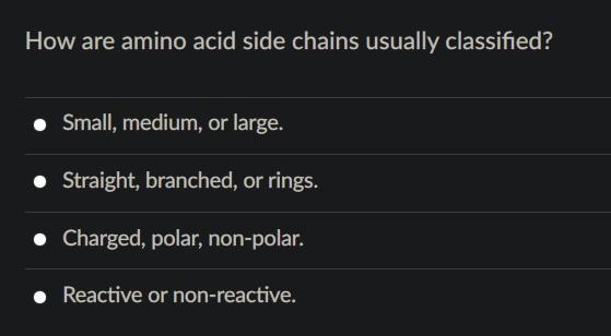 How are amino side chains usually classified? a. Small, Medium, or Large b. Straight-example-1