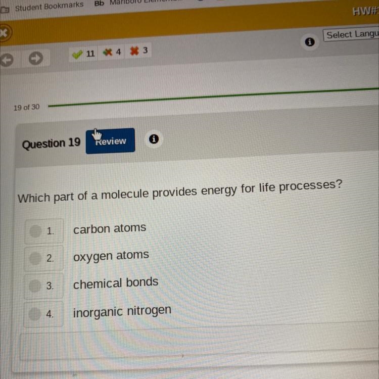 Which part of a molecule provides energy for life process? 1 carbon atoms 2 oxygen-example-1