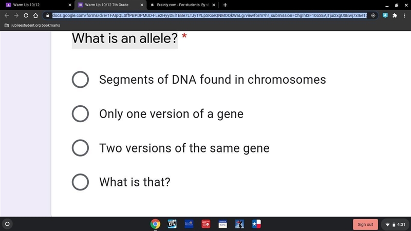 What is an allele? / plz anser this i will rate YOU-example-1