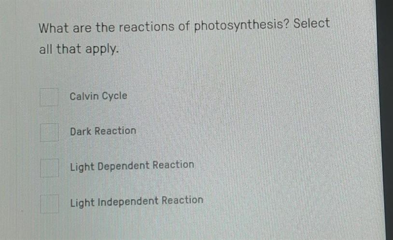 What are the reactions of photosynthesis? Select all that apply. Calvin Cycle Dark-example-1