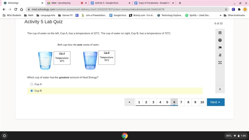 The cup of water on the left, Cup A, has a temperature of 10°C. The cup of water on-example-1