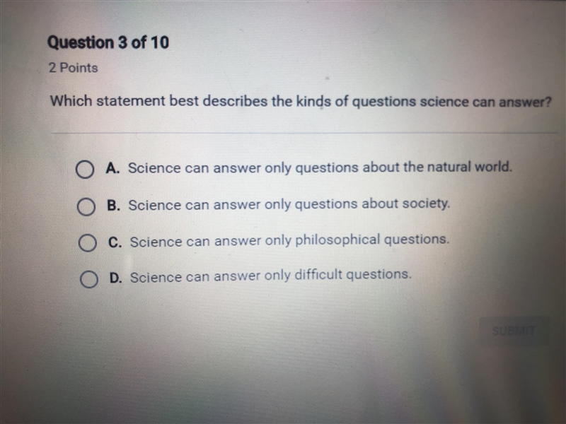 Which statement best describes the kinds of questions science can answer ?-example-1