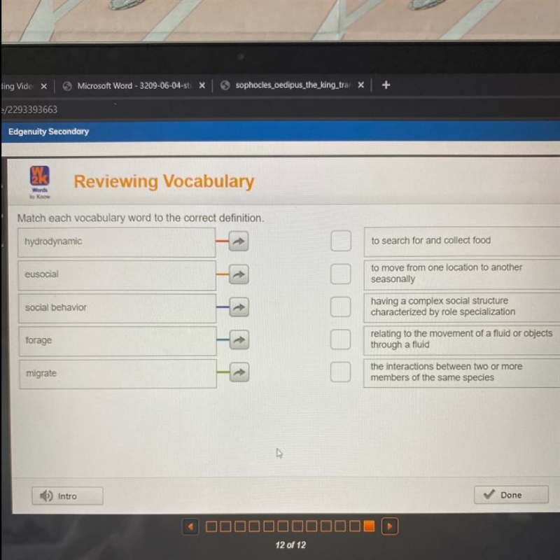 Match each vocabulary word to the correct definition. hydrodynamic to search for and-example-1