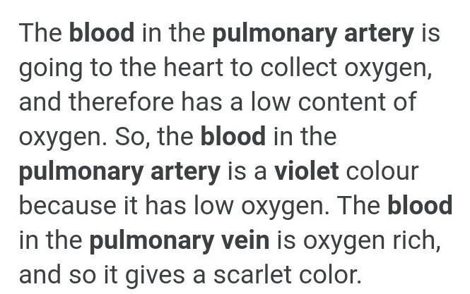 Why blood in pulmonary artery is voilet but in pulmonary vein is scarlet?​-example-1