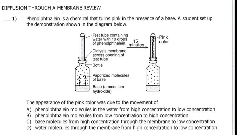 The appearance of the pink color was due to the movement of a. phenolphthalein molecules-example-1