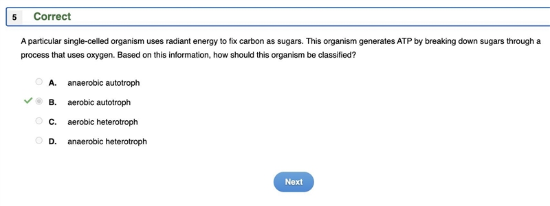 A particular single-celled organism uses radiant energy to fix carbon as sugars. This-example-1