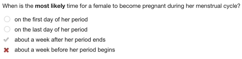 When is the most likely time for a female to become pregnant during her menstrual-example-1