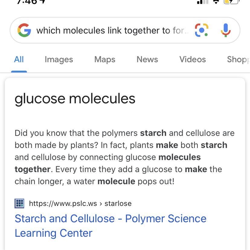 Which of the following molecules link together to form starch? A. Glucose B. Galactose-example-1