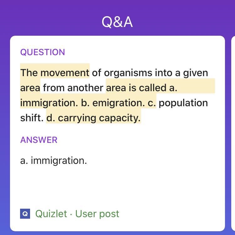 The movement of individuals into an area is called A. Demography B. Carrying capacity-example-1