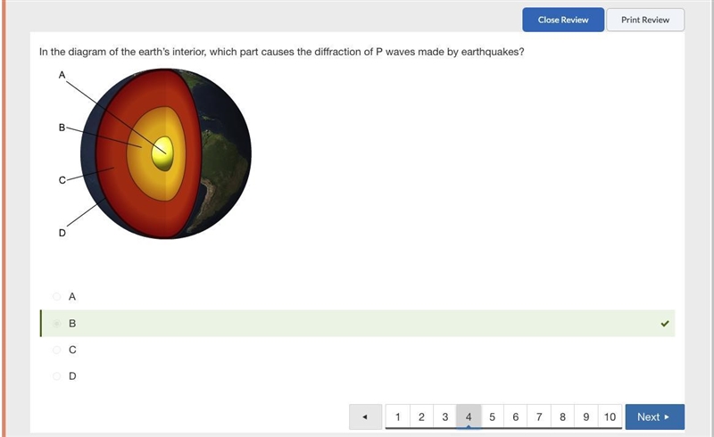 In the diagram of the earth's interior, which part causes the diffraction of P waves-example-1