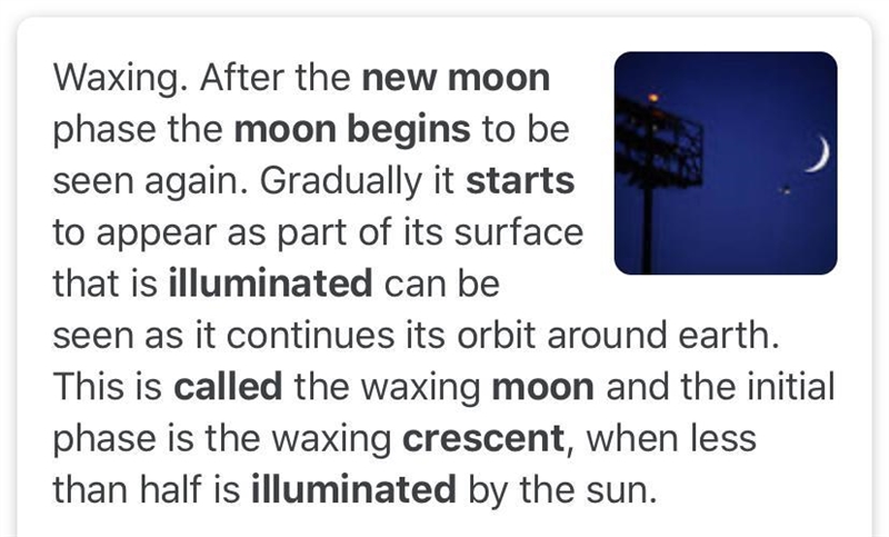 What is the process called when the moon begins to illuminate from a new moon to the-example-1