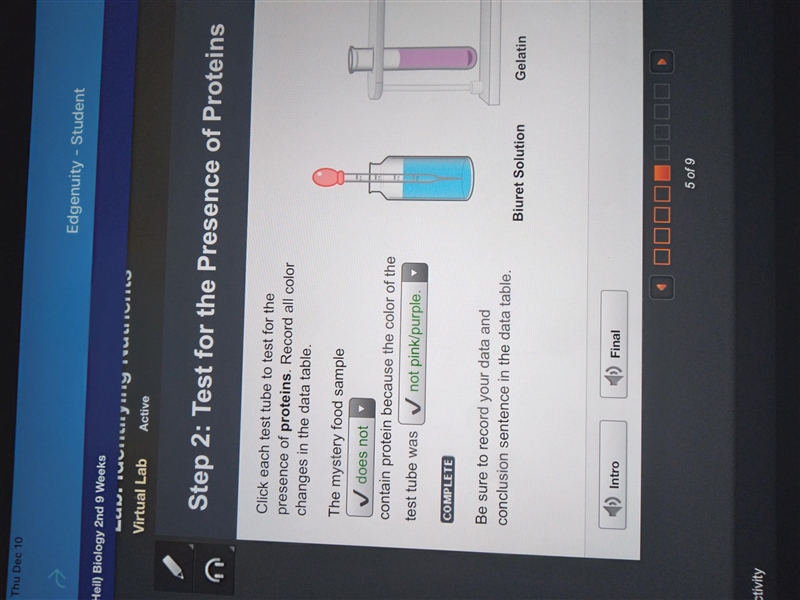 Click each test tube to test for the presence of proteins. Record all color changes-example-1