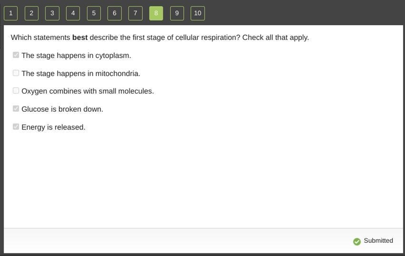 Which statements best describe the first stage of cellular respiration? Check all-example-1